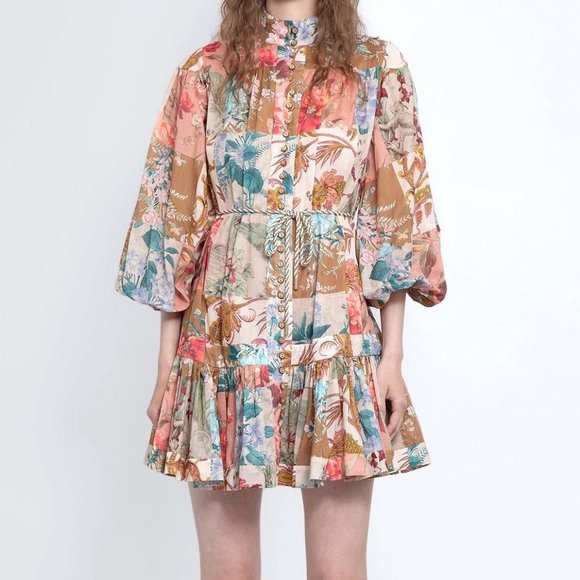 Zimmermann Dresses & Skirts - NWT Zimmermann Cassia Drop Waist Mini Dress Patchwork Floral Printed Cotton 3 L